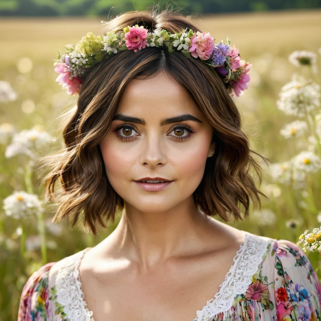 Jenna Coleman A beautiful woman with short brown hair, soft makeup, realistic lighting , details on the face, perfect brown eyes , summer blouse, flower crown in hair,swirly vibrant colors,Lightly open mouth,teeth appearing,in an open field,