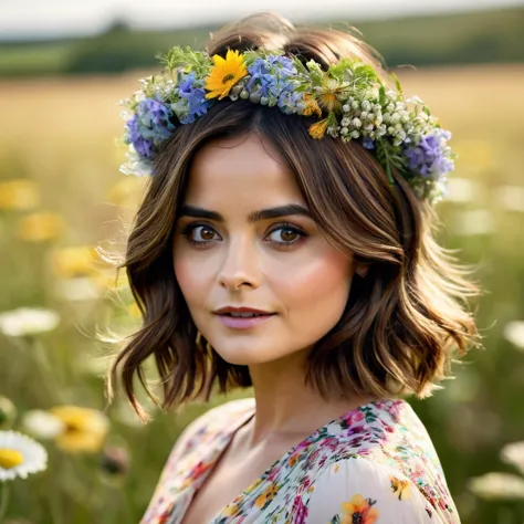 jenna coleman a beautiful woman with short brown hair, soft makeup, realistic lighting , details on the face, perfect brown eyes...