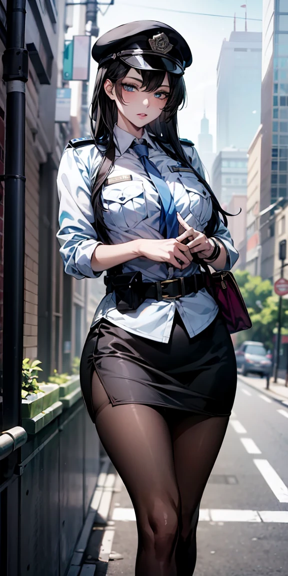 An absurd solution, High resolution, (masterpiece:1.4), Super detailed, One girl,Blue colored eyes, Long black hair，Please wear a police uniform and a short skirt, White handbag、pantyhose、City streets,Sexy posture, The camera is close to the body