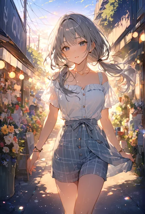 highest quality　masterpiece　high resolution　masterpiece gray eyes　low twin tails、casual summer outfit　、flowerpunk、sparkling ligh...