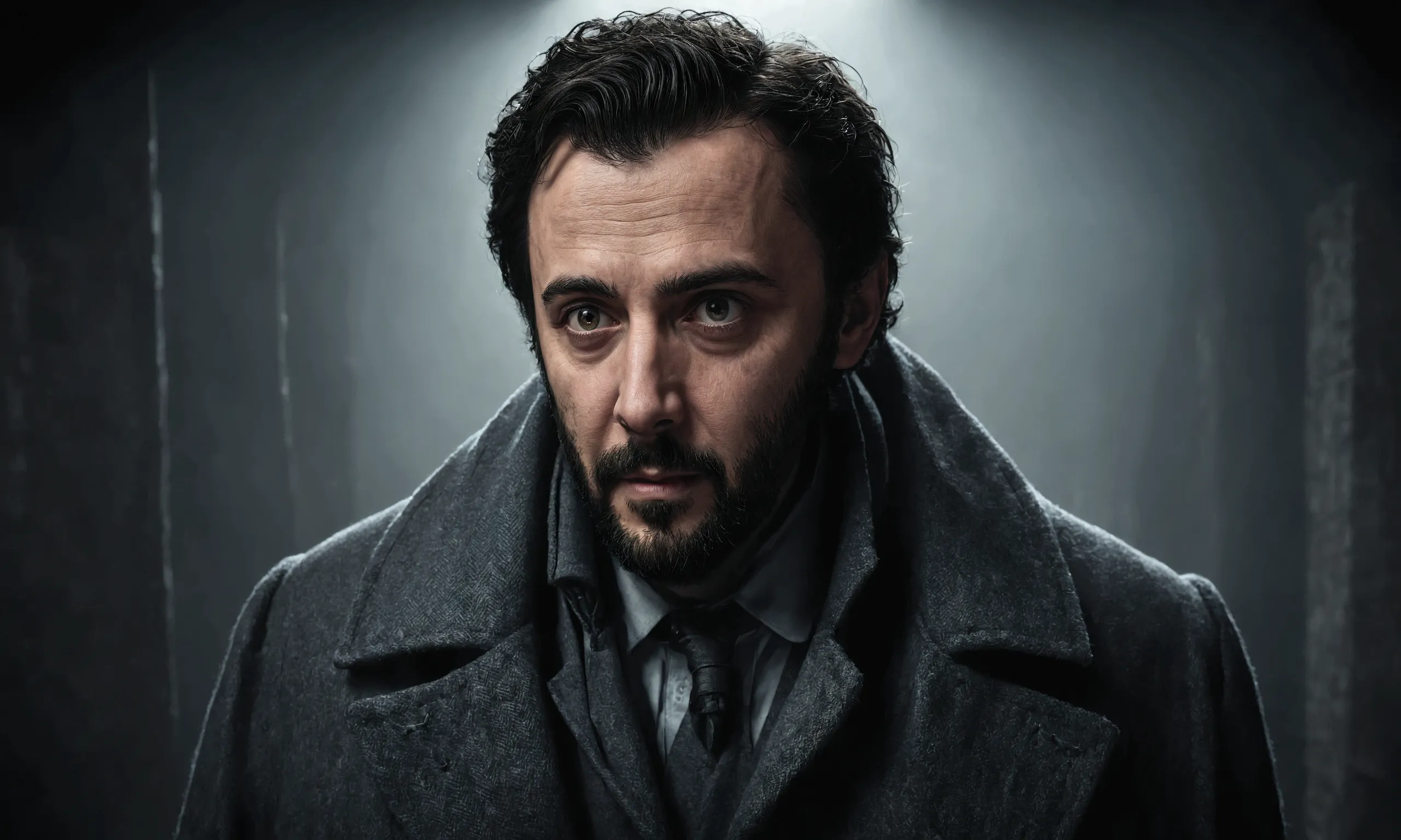 man, little beard, gloomy, gray coat, photorealistic, creepy, curious, smiling