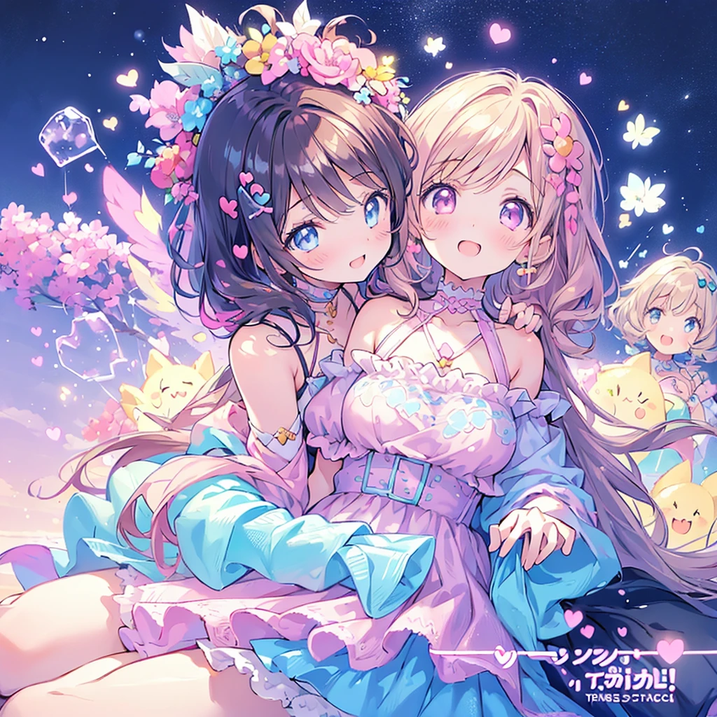 masterpiece, (2girls and 2girls and 2girls and 2girls), idol, closeup, big eyes, kawaiitech, kawaii, cute, pastel colors, best quality, happy, deep background, symmetrical, tilted head, spring, cover, title、cupidtech
