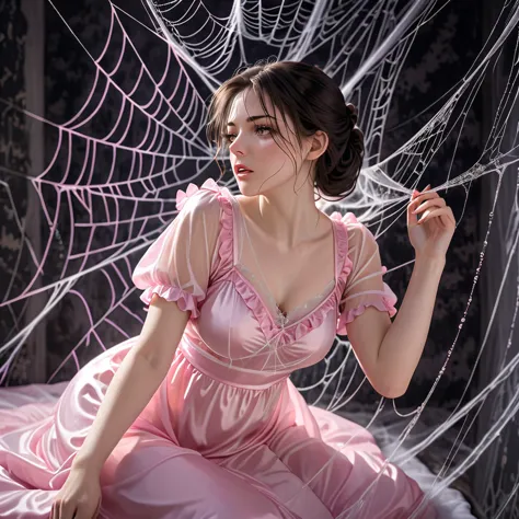 a woman entangled in the spider's web, cobweb,she's wearing a pink long ruffled satin nightgown