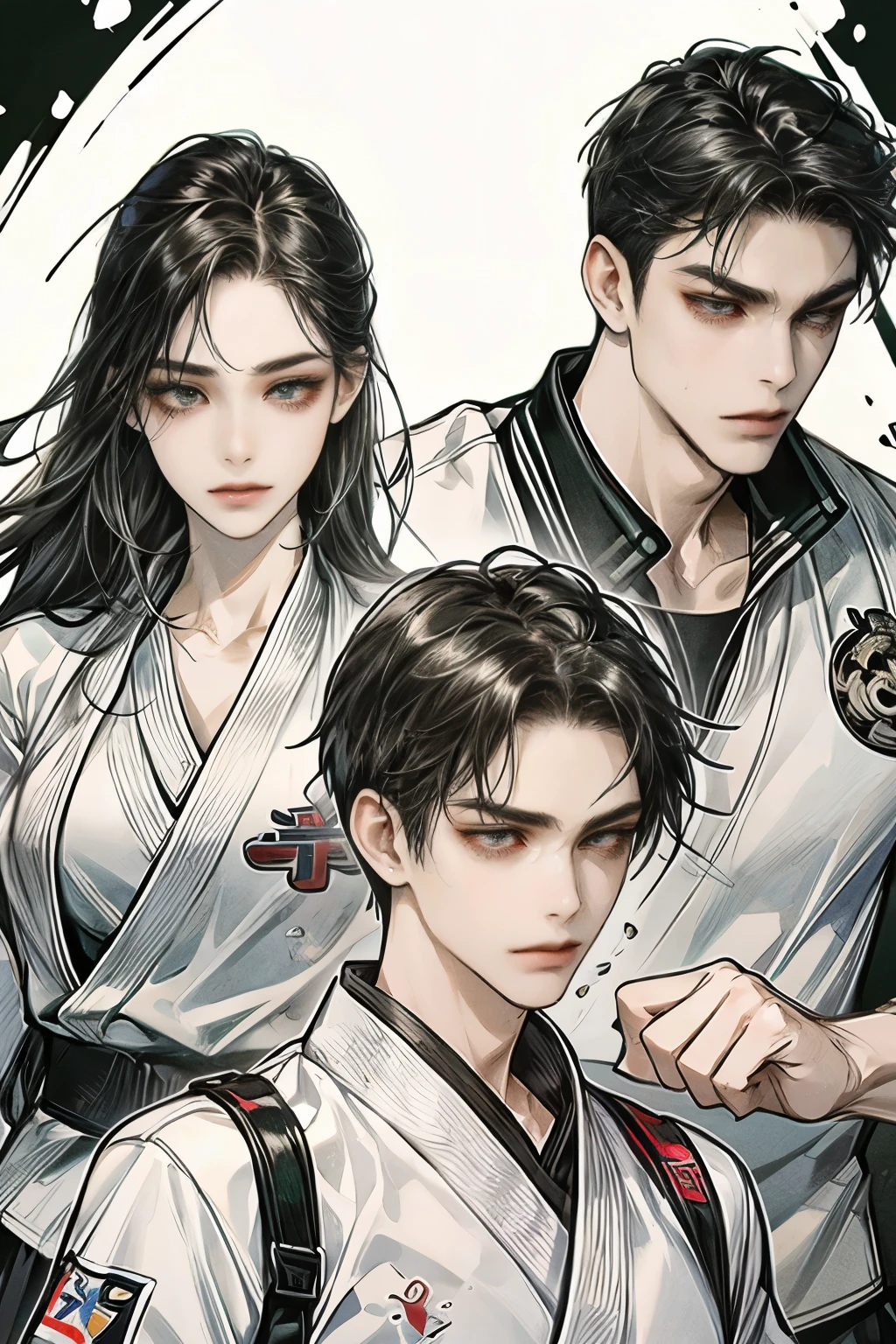 twin man and woman fighting, black hair, taekwondo sport wear, serious expression, dojo, taekwondo, energy, colorful shade, Masterpiece, hi-quality