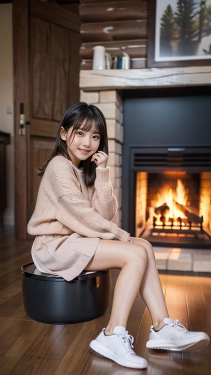 (((10-year-old girl))), (((inside cabin at night))), (((warming herself by fireplace))), Japanese, cute, dark, bobbed hair, (((staring blankly at fireplace))), straight face, trainers and mini skirt, sitting in front of fireplace, fireplace fire illuminates girl's face, movie scene, high resolution, high detail, details, masterpiece, best quality, awards, highest resolution, realistic, raw photos, 8K wallpaper