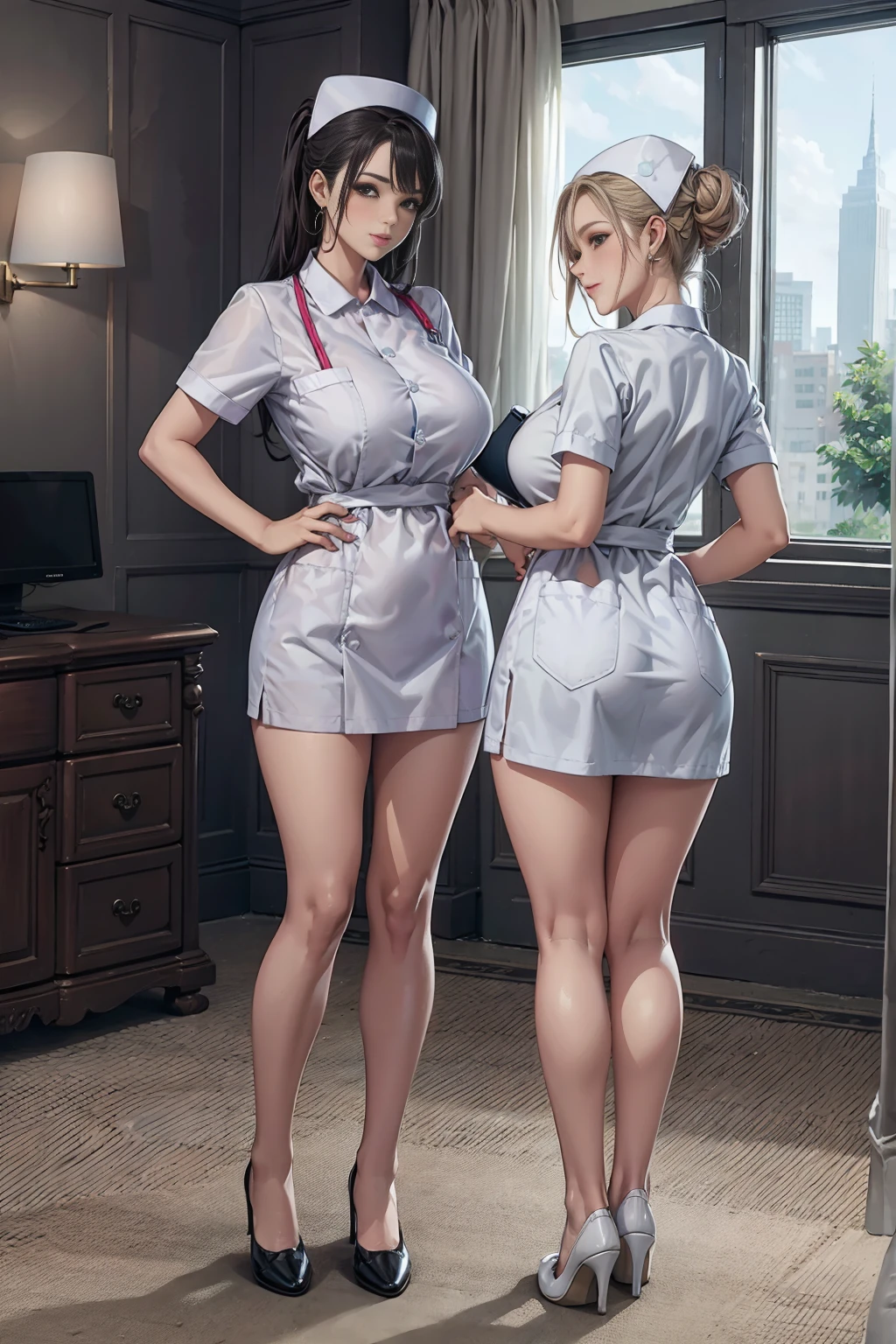 hospital, sickroom, sickbed,There are medicine bottles in a glass case,computer screen,( large window), city view, ((full body)),((2 girls)),(standing ),((side by side)),((one girl face forward)),((the other girl body facing back)), Nurse cap,bun,Shy smile,((huge breast)),((breasts apart)),the arms are behind the back,Hemp rope bound arms,Hemp rope bound wrist,wrist was hung by a twine at the back of neck,crossed earrings, small waist, great hips,((white Nurse uniform)),Jewelry,((white Nurse dress)),Black stilettos ,