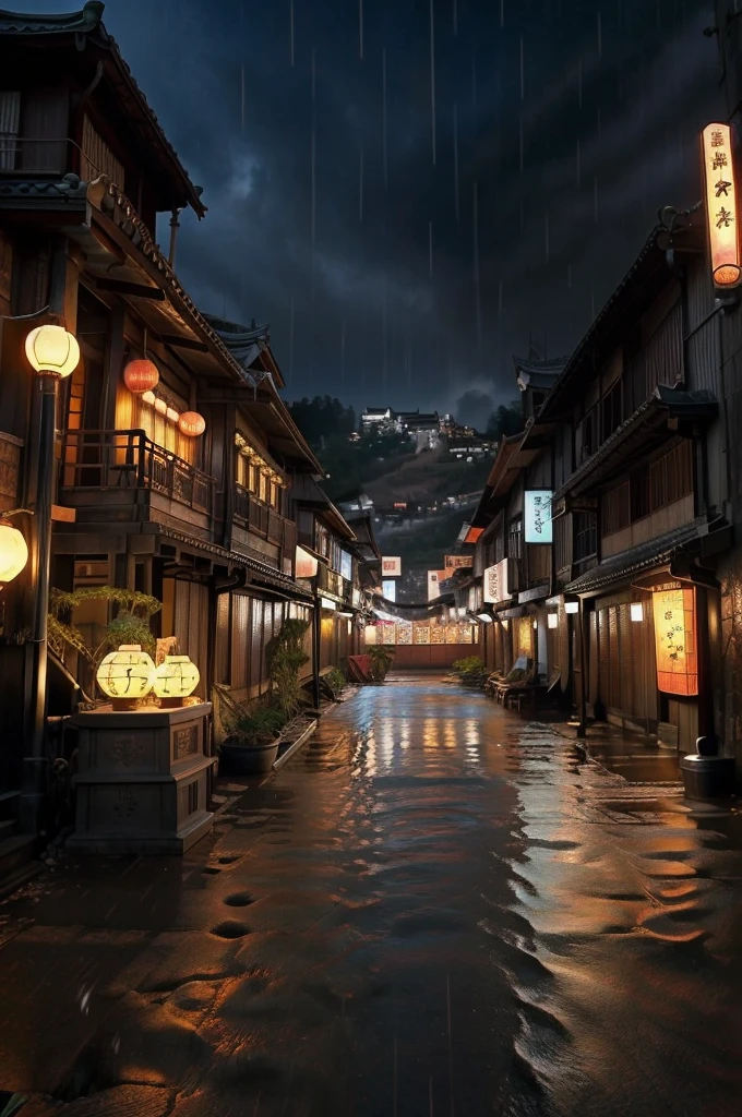 Scenery of Araf village，There are a lot of lights in the building, Dreamy Chinatown, china village, Awesome Wallpapers, Japanese Town, Japanese Village, 街のシュールなphotograph, Old Asian Village, Japanese cities, By Raymond Han, Rainy night, Cyberpunk Chinese Ancient Castle, brightly lit building, Rainy night, beautifully、aesthetic, photograph, movie, 8k, Attention to detail ((heavy rain)))