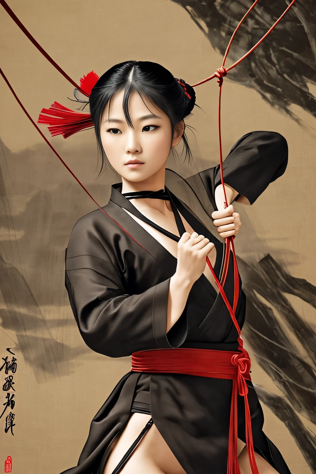 (masterpiece:1.2),(Best image quality,4K,8k,High resolution),Super Detail,(Realistic,Realistic,Realistic:1.37),Ninja girl captured by the enemy, Delicate brushwork, Elaborate kimono, Sharp Eye, Delicate facial features, Flowing black hair, Hidden weapons, Bamboo forest background, Tied up with rough rope, Kneel, costume Half torn, Dark and mysterious atmosphere, Graceful Movement, Delicate lighting, moving composition, Half torn. Tied up with rough rope背景, costume Half torn, Dark Mysterious Atmosphere, Graceful Movement, Delicate lighting, moving composition, Vibrant colors, traditional Japanese painting style, Harmonious tone, Red and Black