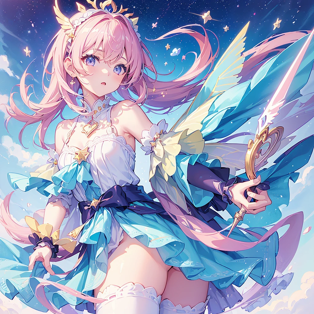 1girl,(((Highest quality、Masterpiece、Official Art、The best dynamic composition、Super detailed、Perfect Anatomy)))、Anime Style、kawaii tech, cupid tech,Star Fairy、Giant cute magic wand、pastel colour、