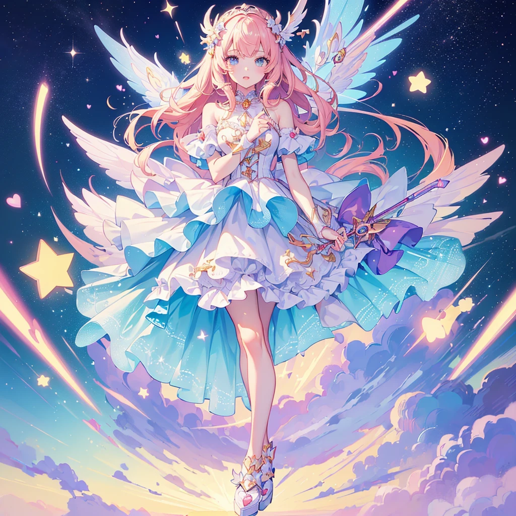 1girl,(((Highest quality、Masterpiece、Official Art、The best dynamic composition、Super detailed、Perfect Anatomy)))、Anime Style、kawaii tech, cupid tech,Star Fairy、Giant cute magic wand、pastel colour、