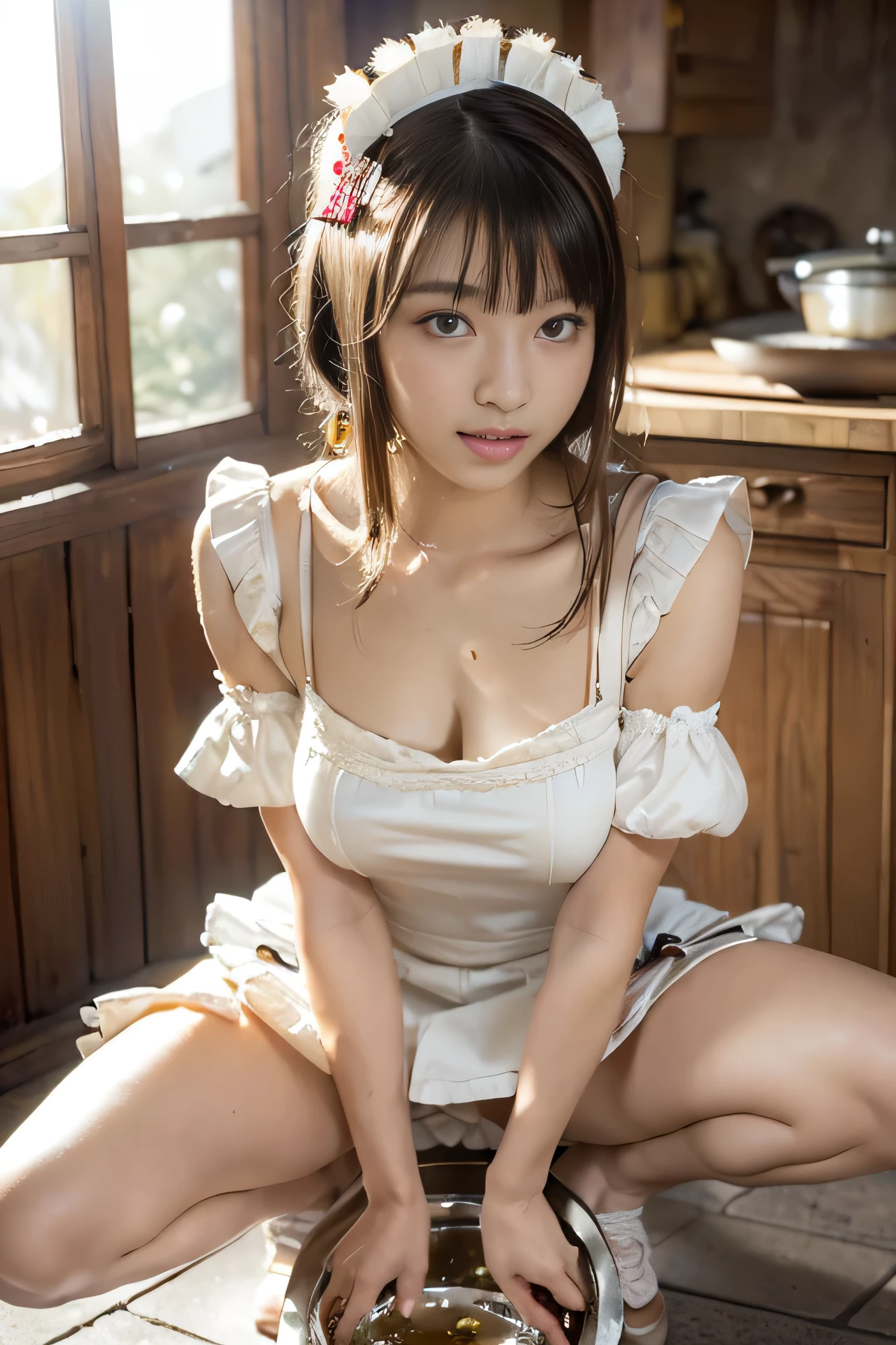 (realistic,photo-realistic:1.4),(masterpiece,best quality:1.2), RAW photo, high resolution, intricate details, extremely detailed, portrait, looking at viewer,depth of field, 1girl,solo,a Japanese girl, (maid costume, headdress, short-dress, puff-sleeves:1.4),smaller face, detailed face, detailed eyes, fine textured skin, pale skin,sandals, (peeing self, squatting with spread legs apart and straddling a cooking bowl full of urine, urination:1.5), photo background, indoors, 