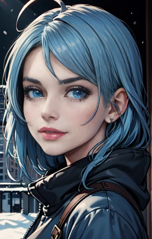 Masterpiece, raw,  beautiful art, professional artist, 8k, art style by sciamano240, very detailed face, very detailed hair, 1girl, 25 years old, perfectly drawn body, beautiful face, long hair, light blue hair , very detailed blue eyes, pouty lips , rosey cheeks, intricate details in eyes, playful smile, looking directly at viewer , in love with viewer expression, wedding ring , lipstick, winter downtown setting, very close up on face, wearing cute winter clothes, winter coat, sweater, pov looking at viewer,