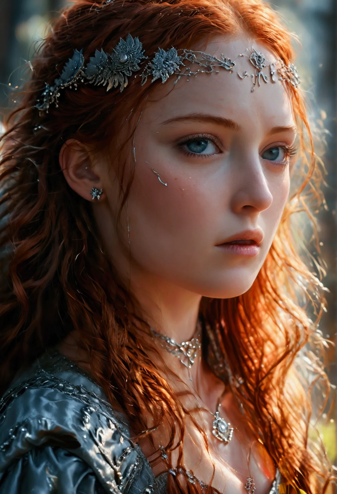 A regal, busty sansa stark with piercing eyes, flowing red hair, and a commanding presence, (best quality,4k,8k,highres,masterpi...