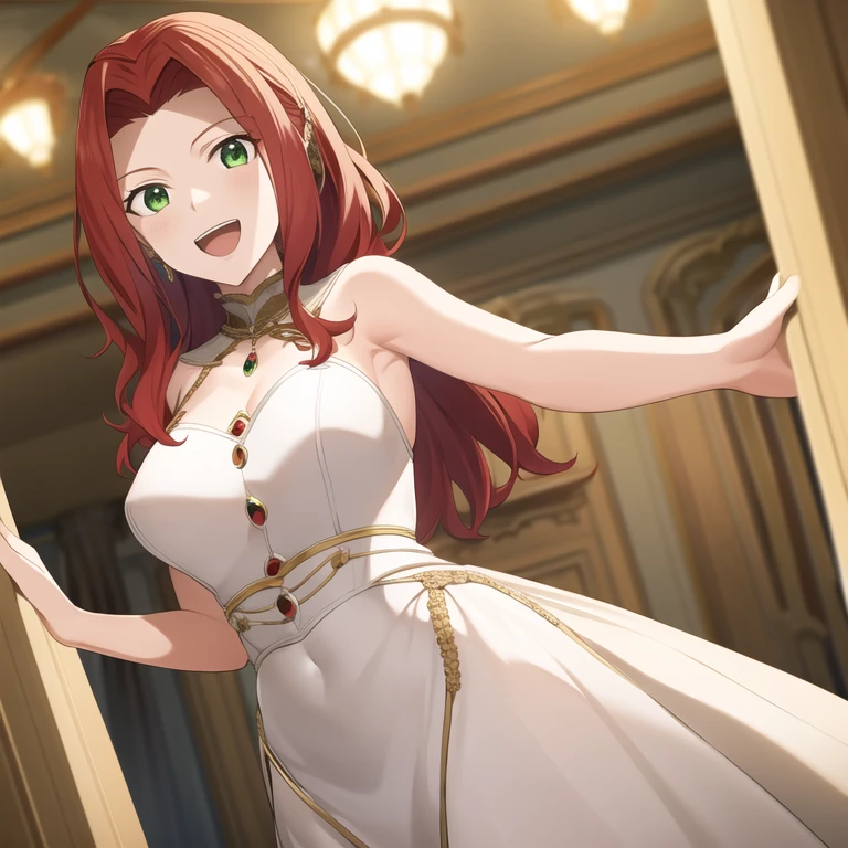 Malty S Melromarc, red hair, bangs, long hair, green eyes, (best quality, 8K, masterpiece, ultra detailed:1.2), dynamic pose, cinematic angle, light particles, sparkle, beautiful detailed eyes, shiny skin, shiny hair, 1girl, solo, skirt, smile, cute, happy, open mouth, wedding dress, looking at viewer, upper body, bed,