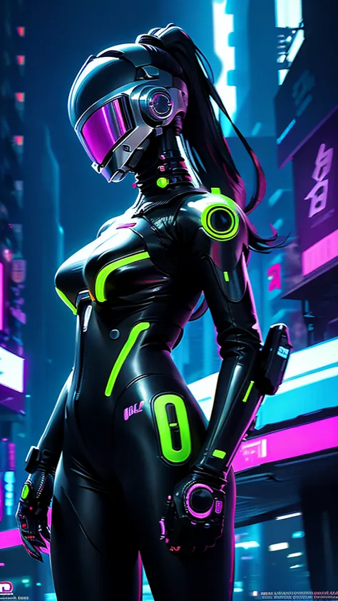 a cyberpunk styled universe, 1girl, futuristic robot, daft punk style helmet, neon cityscape, glowing neon lights, dramatic ligh...