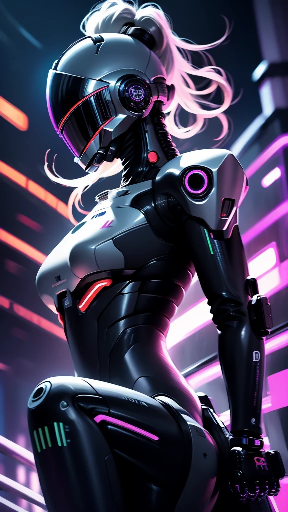 a cyberpunk styled universe, 1girl, futuristic robot, daft punk style helmet, neon cityscape, glowing neon lights, dramatic lighting, cinematic composition, vibrant colors, dynamic pose, photorealistic, 8k, (best quality, 4k, 8k, highres, masterpiece:1.2), ultra-detailed, (realistic, photorealistic, photo-realistic:1.37), concept art, digital painting