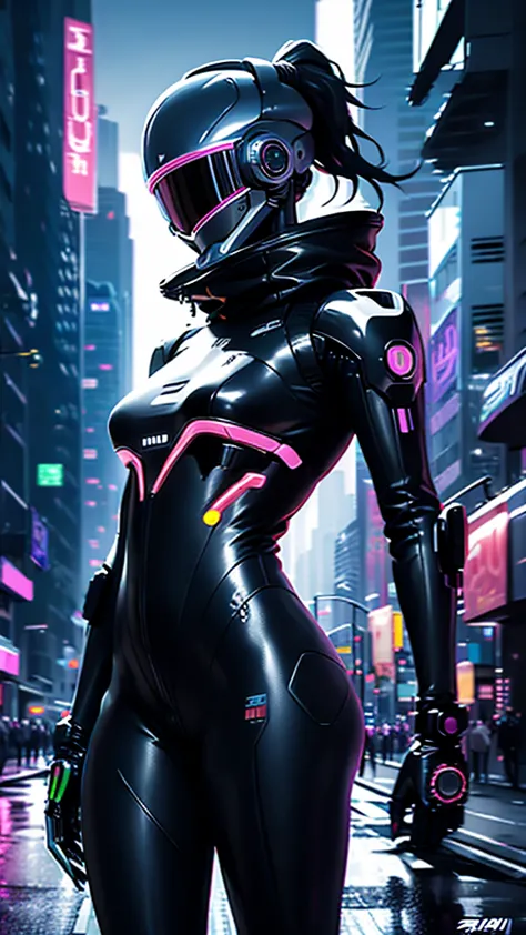 a cyberpunk styled universe, 1girl, futuristic robot, daft punk style helmet, neon cityscape, glowing neon lights, dramatic ligh...