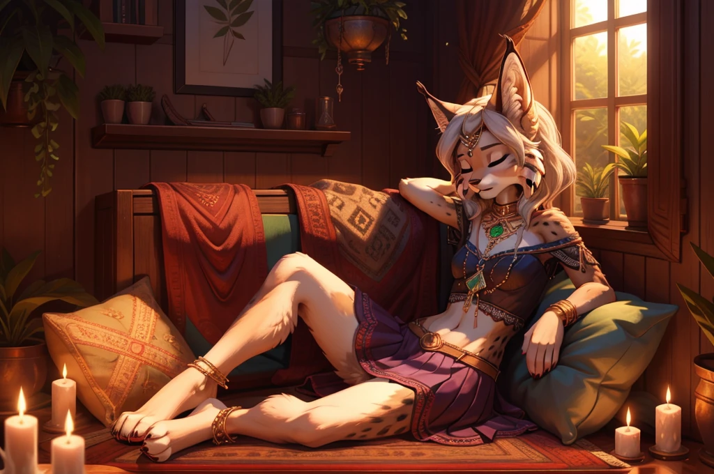 A beautiful, (masterpiece), high quality, perfect lighting, highly detailed CG Unity 8k wallpaper, high resolution, perfect lighting, youthful, adolescent, tall, slim, skinny, frail slender figure, slim legs, distinctly feminine figure, narrow hips, long legs, close-up shot of a unique female lynx character. She has rich, deep purple fur with darker rosettes, giving her a regal and mysterious appearance. Her hair is a short, messy bob in a contrasting light silver color, with one side slightly longer and tucked behind her ear. Her eyes are a mesmerizing emerald green, large and reflective, filled with a quiet depth.

She is dressed in a bohemian-inspired outfit: a flowing, off-shoulder blouse with intricate lace details, paired with a long, layered skirt in earthy tones. She wears a woven leather belt with a small pouch, and her feet are adorned with delicate anklets and barefoot sandals. Her accessories include feathered earrings, a string of wooden beads around her neck, and a set of silver bangles on her wrist.

The character is posed in a serene and intimate moment, sitting cross-legged on a soft, plush cushion, surrounded by an assortment of candles and crystals. Her hands are gently cupping a small, glowing lantern, casting a warm, soft light on her face. Her expression is peaceful and contemplative, eyes softly closed, as if she is meditating or lost in deep thought. The background is a cozy, dimly lit room with rich tapestries and plants, creating a tranquil and inviting atmosphere that draws the viewer into the scene.