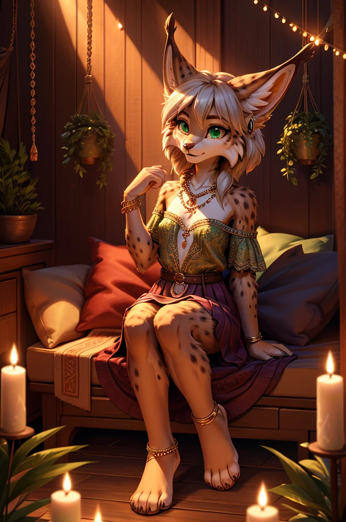 A beautiful, (masterpiece), high quality, perfect lighting, highly detailed CG Unity 8k wallpaper, high resolution, perfect lighting, youthful, adolescent, tall, slim, skinny, frail slender figure, slim legs, distinctly feminine figure, narrow hips, long legs, close-up shot of a unique female lynx character. She has rich, deep purple fur with darker rosettes, giving her a regal and mysterious appearance. Her hair is a short, messy bob in a contrasting light silver color, with one side slightly longer and tucked behind her ear. Her eyes are a mesmerizing emerald green, large and reflective, filled with a quiet depth.

She is dressed in a bohemian-inspired outfit: a flowing, off-shoulder blouse with intricate lace details, paired with a long, layered skirt in earthy tones. She wears a woven leather belt with a small pouch, and her small feet are adorned with delicate anklets and barefoot sandals. Her accessories include feathered earrings, a string of wooden beads around her neck, and a set of silver bangles on her wrist.

The character is posed in a serene and intimate moment, sitting slender legs spread on a soft, plush cushion, surrounded by an assortment of candles and crystals. Her hands are gently cupping a small, glowing lantern, casting a warm, soft light on her face. Her expression is peaceful and contemplative, looking deeply, affectionately at the viewer. The background is a cozy, dimly lit room with rich tapestries and plants, creating a tranquil and inviting atmosphere that draws the viewer into the scene.