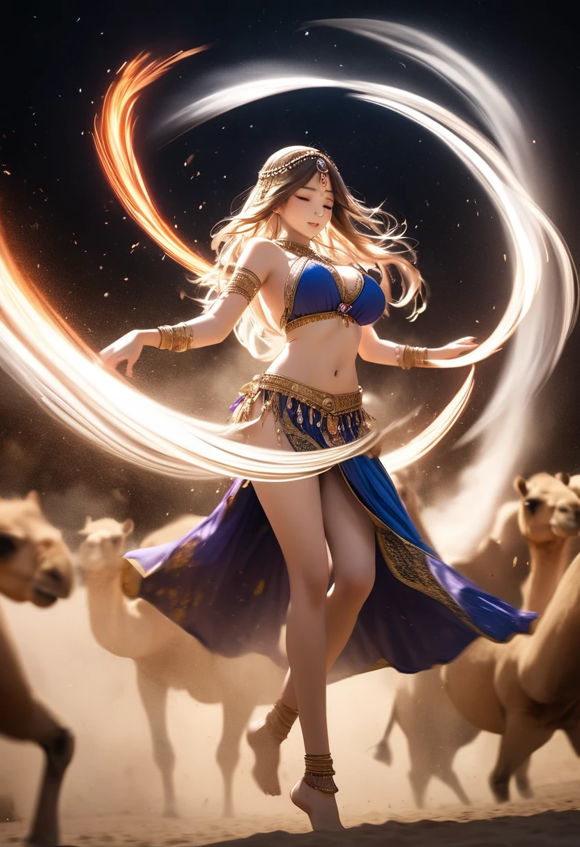 long exposure photo of a sexy tall girl as harem dancer in motion, full body, royal belly dancer dress, dancing in the moon night, shiny porcelain skin, few camels behind, focus on the girl, large busty, soaring the sky, blurred edges, low angle, below view, slow shutter speed motion photography, whirl dust trail behind, shot on FujiFilm XT4 camera f/2. ISO 200, dynamic motion, cinematic movement, blurry edges, super detailed, perfect face, perfect motion, side view, best quality, dust trail along the motion with a fire element transition movement of color background