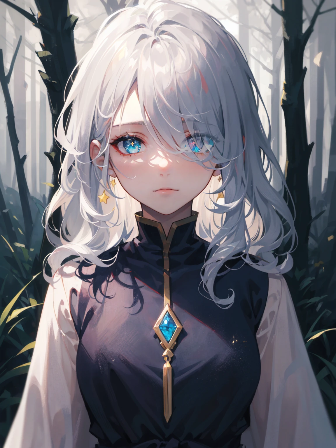 beautiful girl in gray robe standing in the dark forest, epic style, octane render, desert composition, beautiful face, hyperrealistic, oil on canvas, award-winning, masterpiece, trending on artstation, by Studio Ghibli, detailed iris, sparkle eyes, star in eyes, enchanting blue eyes, (multicolored eyes, heterochromia), (shining dust), (silver hair:1.3), (messy hair:1.3), (hair between eyes), (hair over one eye:1.2), (wavy hair:1.2)