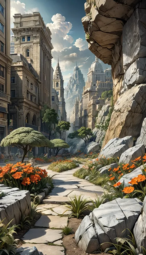 seamless image fusion, colorless world of stone, granite and marble combine to create a land where flora and fauna and cities ha...