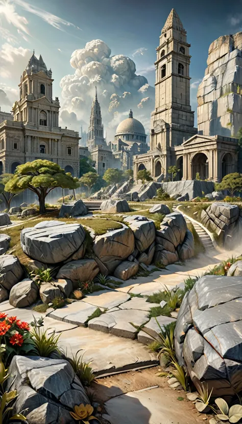 seamless image fusion, colorless world of stone, granite and marble combine to create a land where flora and fauna and cities ha...