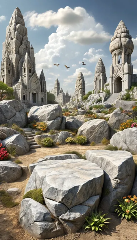 seamless image fusion, colorless world of stone, granite and marble combine to create a land where flora and fauna and cities ha...