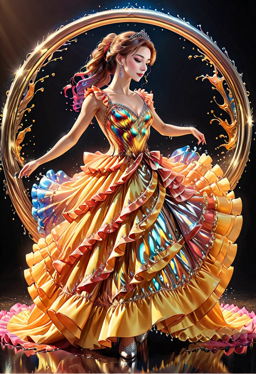 a ((liquid metal portrait: 1.5)) of woman ballroom dancer, a full body picture ((anatomically correct: 1.5)) ultra detailed face,  dynamic hair color, dynamic hair style, dynamic skin complexion, best detailed face, of a exquisite beautiful female ballroom dancer, she is wearing a (colorful ballroom dress: 1.3), best detailed dress, colorful dress, multicores dress, royal fantasy ballroom background, LIQUID METAL, artxldnc, ba11g0wnת princess dress