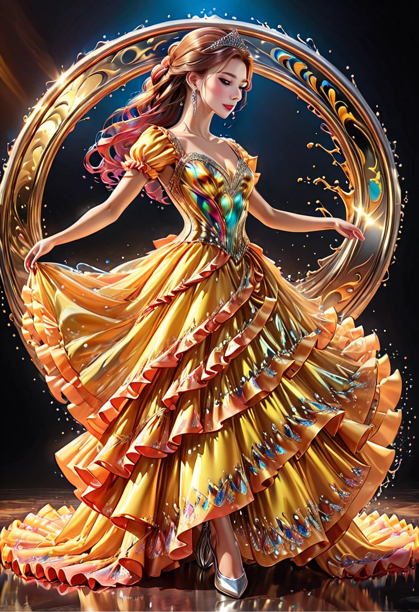 a ((liquid metal portrait: 1.5)) of woman ballroom dancer, a full body picture ((anatomically correct: 1.5)) ultra detailed face,  dynamic hair color, dynamic hair style, dynamic skin complexion, best detailed face, of a exquisite beautiful female ballroom dancer, she is wearing a (colorful ballroom dress: 1.3), best detailed dress, colorful dress, multicores dress, royal fantasy ballroom background, LIQUID METAL, artxldnc, ba11g0wnת princess dress