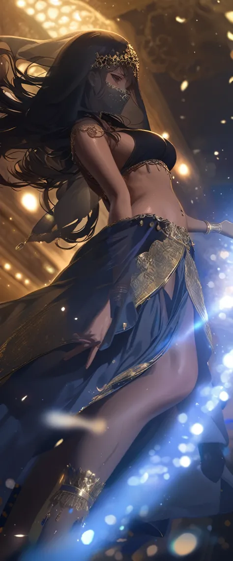 quality\(8k,wallpaper of extremely detailed CG unit, ​masterpiece,hight resolution,top-quality,top-quality real texture skin,hyper realisitic,increase the resolution,RAW photos,best qualtiy,highly detailed,the wallpaper,cinematic lighting,ray trace,golden ratio\), BREAK ,solo,1girl\(dancer\((Belly_dance:1.3),Raqs Sharqi\),Arabic,(face veil:1.7),dark skin, shiny skin, cleavage, wearing jewels, wearing bedlah\(belly_dance dress,beautiful\), crystal jewelry,( smiling under face veil), beautiful hair, long hair,floating hair,shiny hair,starly hair, wavy hair, bracelets, necklace, earrings,wearing makeup\(eyeshadow,lips\),long eyelashes,(dynamic pose:1.3),motion blur on costume,(abs),breast,(dancing\(beautiful dance\):1.5),big eye,beautiful eye,shiny skin,smooth skin,slender,stirring,wet skin,sweat,(Navel piercing\(big,beautiful jewelry\))\), BREAK ,background\(inside golden arabic palace,(very dark:1.4), luxury, many shiny reflects\),(long shot:1.4),(wide shot:1.4),full body,(dynamic angle:1.6),long shot