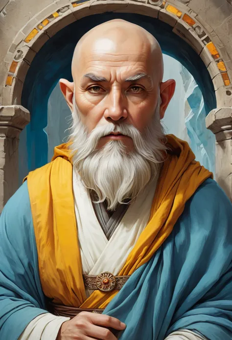 A roguelike Dungeons and Dragons theme-based image featuring an enchanting portrait of a bearded elderly monk cleric. He possess...