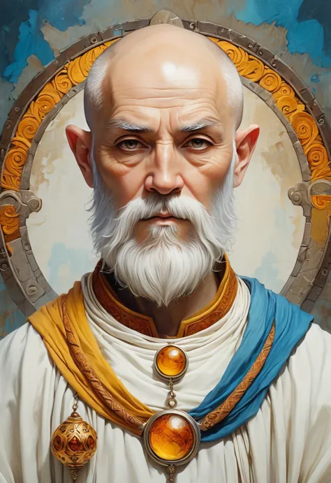 A roguelike Dungeons and Dragons theme-based image featuring an enchanting portrait of a bearded elderly monk cleric. He possess...
