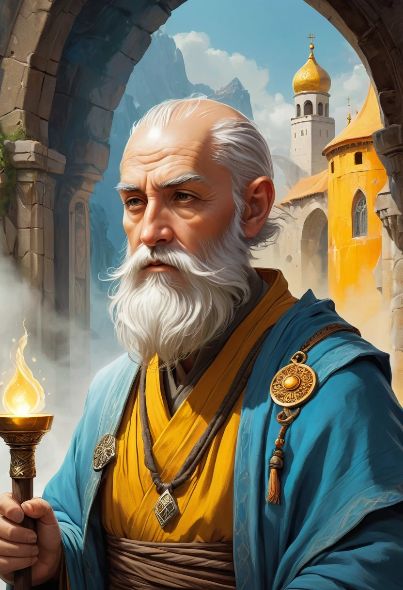 A roguelike Dungeons and Dragons theme-based image featuring an enchanting portrait of a bearded elderly monk cleric. He possesses handsome features that suggest a life of adventure and exploration. The background is a simple, stark white to accentuate the figure. His attire and ornamentation lean towards an adventurecore aesthetic, with rugged designs that suggest numerous quests undertaken. The color scheme revolves around shades of white, amber, yellow, and azure, enhancing his charm and subtly suggesting divine influence. The artwork is created on a gigantic scale, inspired by the aesthetic principles of the Die Brücke artistic movement which plays with bold forms and expressive colors.