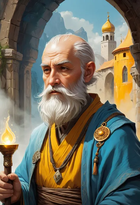 a roguelike dungeons and dragons theme-based image featuring an enchanting portrait of a bearded elderly monk cleric. he possess...