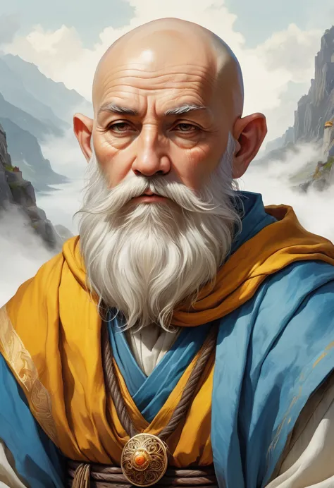 A roguelike Dungeons and Dragons theme-based image featuring an enchanting portrait of a bearded elderly monk cleric. He possess...