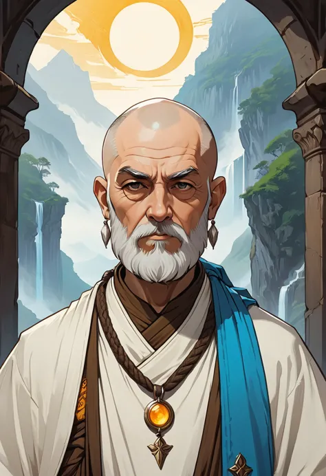 A roguelike Dungeons and Dragons theme-based image featuring an enchanting portrait of a bearded elderly monk cleric. He possess...