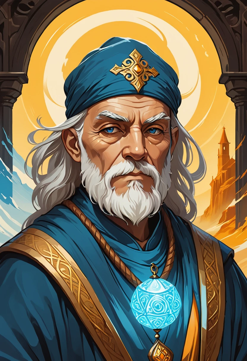 A roguelike Dungeons and Dragons theme-based image featuring an enchanting portrait of a bearded elderly monk cleric. He possesses handsome features that suggest a life of adventure and exploration. The background is a simple, stark white to accentuate the figure. His attire and ornamentation lean towards an adventurecore aesthetic, with rugged designs that suggest numerous quests undertaken. The color scheme revolves around shades of white, amber, yellow, and azure, enhancing his charm and subtly suggesting divine influence. The artwork is created on a gigantic scale, inspired by the aesthetic principles of the Die Brücke artistic movement which plays with bold forms and expressive colors.