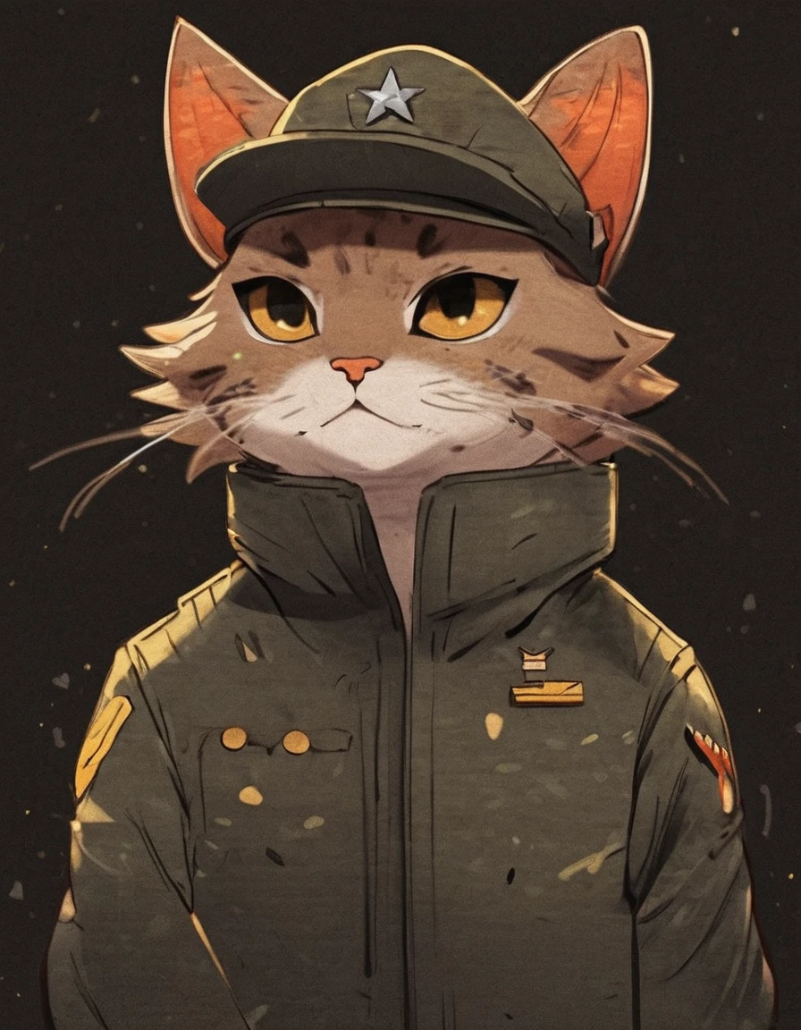 Nelly_art style, Meikun Wild Cat, Dressed in military uniform, The eyes were angry and yellow., Cat loading a MIM-104 Patriot rocket launcher.,Gray cat,(full body)