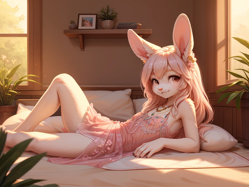 **Prompt:** A beautiful, (masterpiece), high quality, perfect lighting, highly detailed CG Unity 8k wallpaper, high resolution, perfect lighting, youthful, adolescent, tall, slim, skinny, frail slender figure, slim legs, distinctly feminine figure, narrow hips, long legs, close-up shot of a unique female rabbit character. She has soft, creamy white fur with delicate pink undertones, enhancing her gentle and serene appearance. Her hair, a long, silky pastel pink, frames her face gracefully, with loose strands softly resting on her shoulders. Her large, expressive hazel eyes are filled with warmth and kindness, drawing the viewer in.

She is dressed in a light, airy see through, sheer, translucent sundress in pastel colors, adorned with delicate floral embroidery and subtle ruffles. Long bunny ears, decorated with fresh flowers, emphasizing her relaxed and natural style. Her accessories include a delicate gold necklace with a small pendant and simple stud earrings. 

The character is lying down on the ground, leaning back slightly on her hands, with her thin legs stretched out. Her face is the focal point, tilted slightly upwards, capturing a moment of peaceful reflection. Her expression is serene, with a soft, content smile and eyes half-closed as if enjoying a gentle breeze or the warmth of the sun. The background is softly blurred, keeping the focus on her delicate features and the intricate details of her outfit, creating an intimate and tranquil atmosphere.