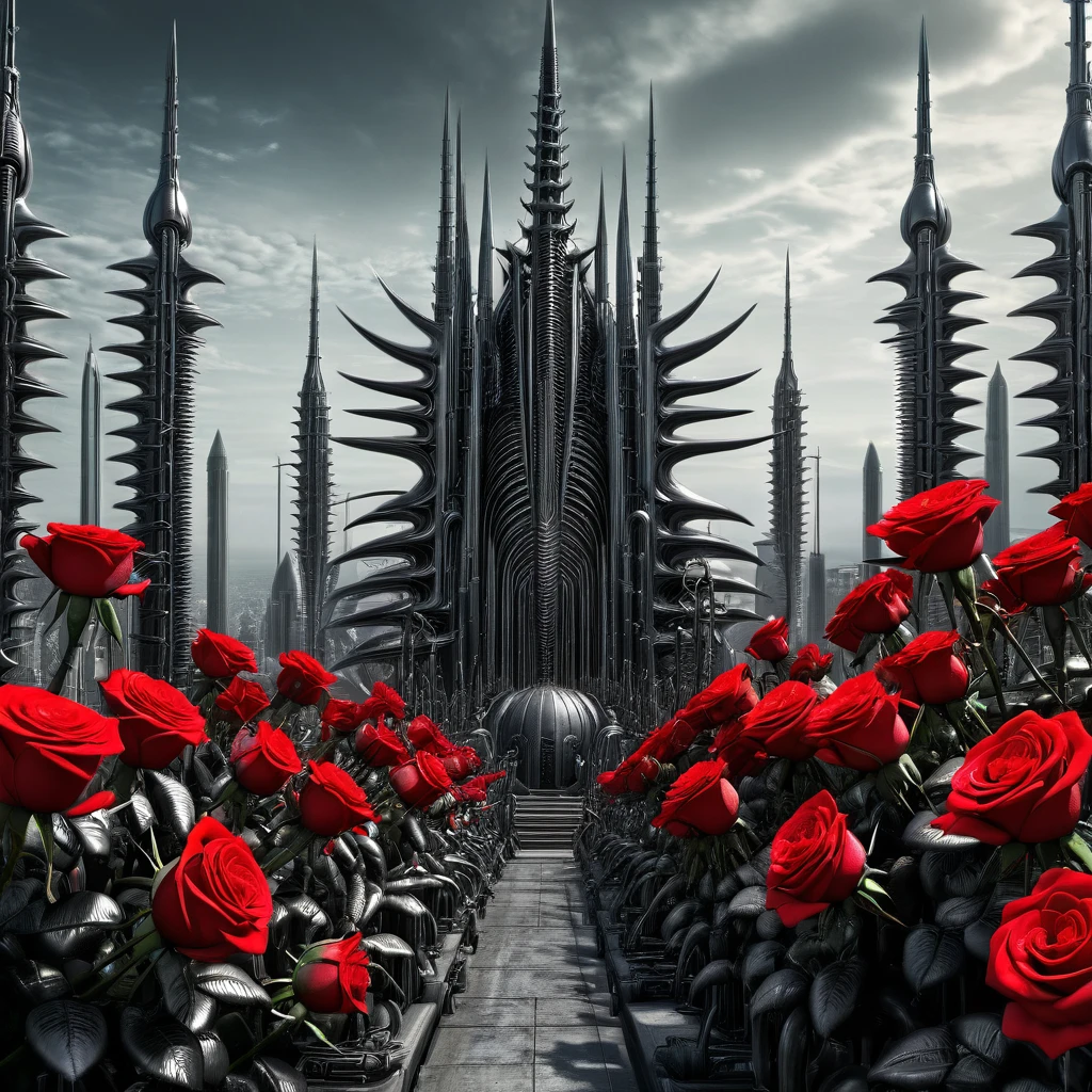 red roses. spikes in the foreground, H.R. Giger style, sf, intricate artwork masterpiece, ominous, matte painting movie poster, trending on cgsociety, intricate, epic, trending on artstation, highly detailed, vibrant, production cinematic character render, ultra high quality model,