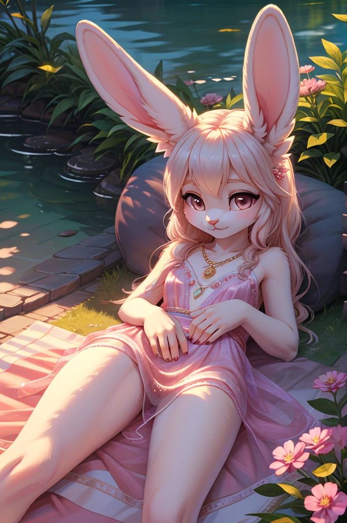 A beautiful, (masterpiece), high quality, perfect lighting, highly detailed CG Unity 8k wallpaper, high resolution, perfect lighting, youthful, adolescent, tall, slim, skinny, frail slender figure, slim legs, distinctly feminine figure, narrow hips, long legs, close-up shot of a unique female rabbit character. She has soft, creamy white fur with delicate pink undertones, enhancing her gentle and serene appearance. Her hair, a long, silky pastel pink, frames her face gracefully, with loose strands softly resting on her shoulders. Her large, expressive hazel eyes are filled with warmth and kindness, drawing the viewer in. She is dressed in a light, airy see through, sheer, translucent sundress in pastel colors, adorned with delicate floral embroidery and subtle ruffles. Long bunny ears, decorated with fresh flowers, emphasizing her relaxed and natural style. Her accessories include a delicate gold necklace with a small pendant and simple stud earrings. The character is lying down on the ground, leaning back slightly on her hands, with her thin legs stretched out. Her face is the focal point, tilted slightly upwards, capturing a moment of peaceful reflection. Her expression is serene, with a soft, content smile and eyes half-closed as if enjoying a gentle breeze or the warmth of the sun. The background is softly blurred, keeping the focus on her delicate features and the intricate details of her outfit, creating an intimate and tranquil atmosphere. sexy scene, ready for sex, in heat