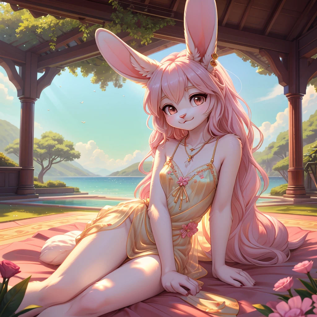 **Prompt:** A beautiful, (masterpiece), high quality, perfect lighting, highly detailed CG Unity 8k wallpaper, high resolution, perfect lighting, youthful, adolescent, tall, slim, skinny, frail slender figure, slim legs, distinctly feminine figure, narrow hips, long legs, close-up shot of a unique female rabbit character. She has soft, creamy white fur with delicate pink undertones, enhancing her gentle and serene appearance. Her hair, a long, silky pastel pink, frames her face gracefully, with loose strands softly resting on her shoulders. Her large, expressive hazel eyes are filled with warmth and kindness, drawing the viewer in.

She is dressed in a light, airy see through, sheer, translucent sundress in pastel colors, adorned with delicate floral embroidery and subtle ruffles. Long bunny ears, decorated with fresh flowers, emphasizing her relaxed and natural style. Her accessories include a delicate gold necklace with a small pendant and simple stud earrings. 

The character is lying down on the ground, leaning back slightly on her hands, with her thin legs stretched out. Her face is the focal point, tilted slightly upwards, capturing a moment of peaceful reflection. Her expression is serene, with a soft, content smile and eyes half-closed as if enjoying a gentle breeze or the warmth of the sun. The background is softly blurred, keeping the focus on her delicate features and the intricate details of her outfit, creating an intimate and tranquil atmosphere.