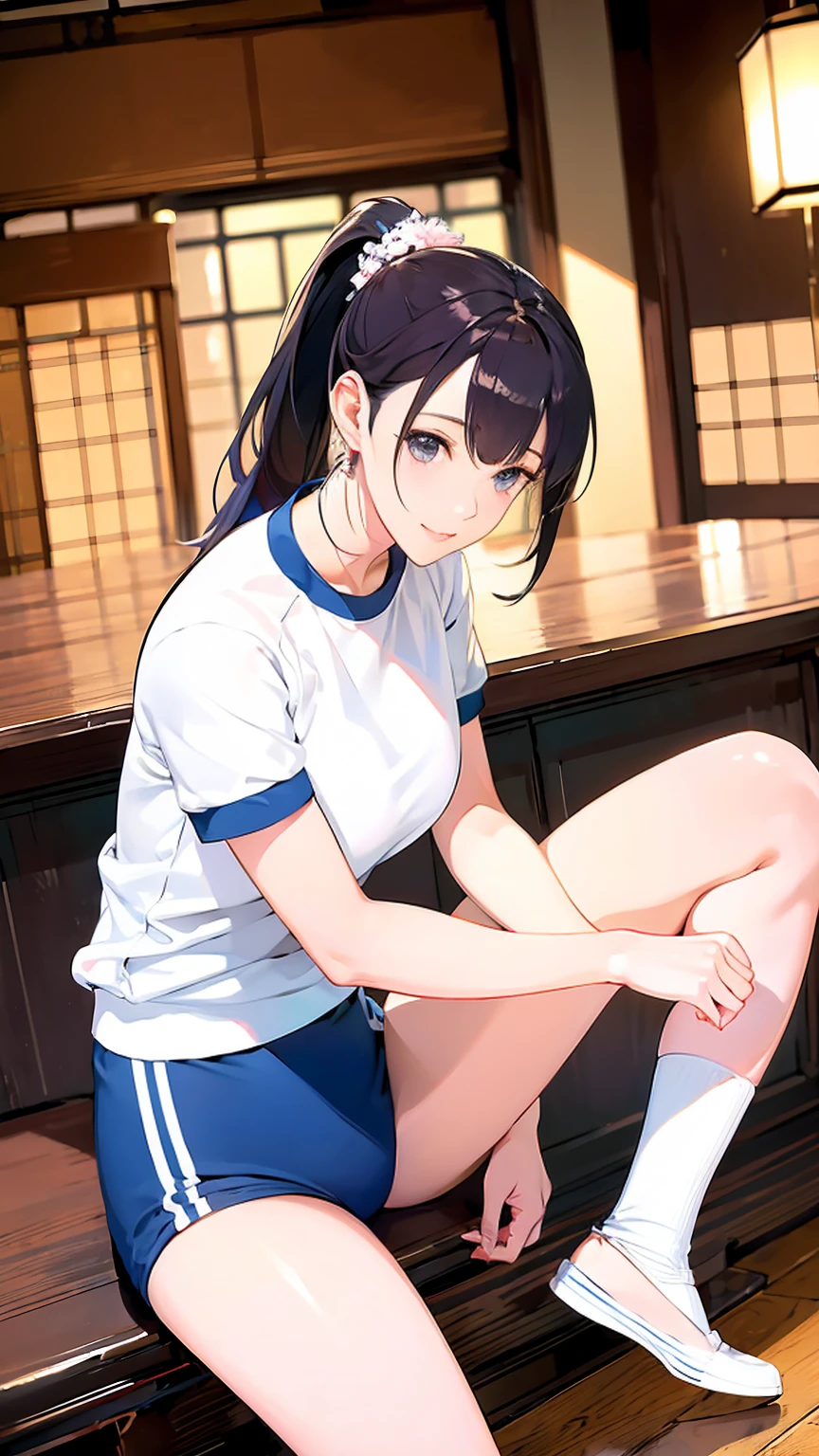 (highest quality, masterpiece:), ultra-high resolution, two women in gym uniforms standing side by side, night, in the pub, Japanese model, young and beautiful gravure idol, squatting, spread legs:1.3, tight, wearing a gym uniforms, high leg, gigantic breasts, puffy nipple:1.4, bangs, wavy long hair, ponytail, earrings, beauty, victory smile, mature woman, please face forward and look at the camera,