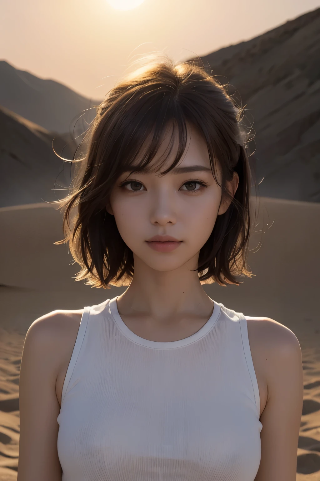 Ultra-high resolution、(masterpiece:1.3), (8k, Best image quality: 1.4)、 (Real:1.4)、One beautiful woman、Beautifully detailed eyes and skin、Smile、Sweat on the skin、Light brown short hair、Hair swaying in a strong wind、Small Bust、Bust hide！、Sleeveless Space T-shirt、Wide desert、Sandstorm、Intense sunlight、Stone ruins、evening、Sunset、dusk、Darkness、Night is Coming、Backlit silhouette、