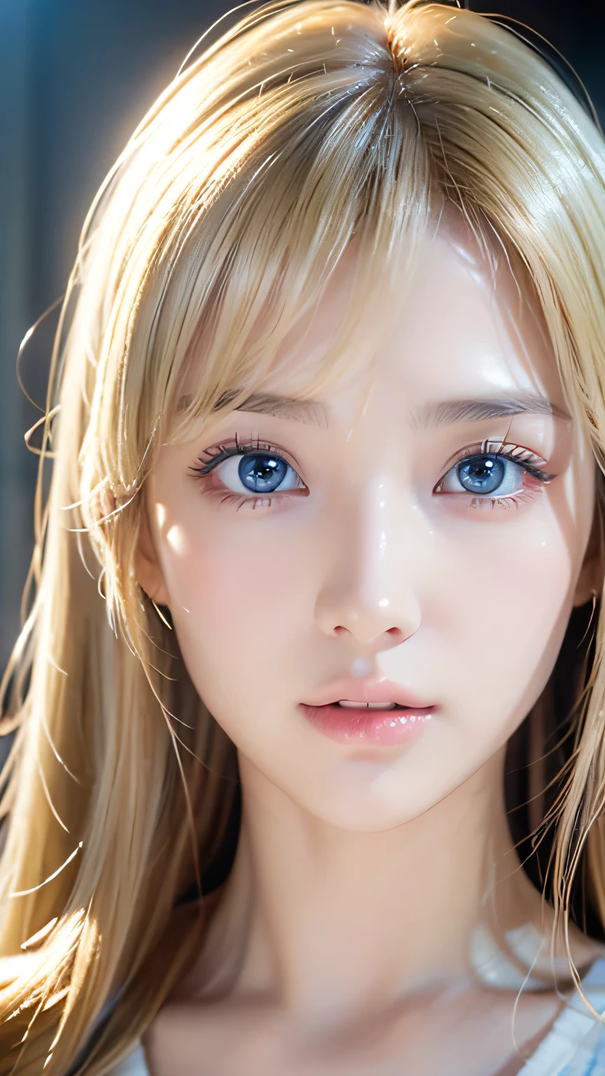 Dressed、(Realistic:1.4)、(ハイパーRealistic:1.4)、(Realistic:1.3)、(Smooth lighting:1.05)、(Improving the quality of cinema lighting:0.9)、32K、1 Girl、Very cute look、Beautiful 16 year old blonde girl、Bangs on the face、Leave icy bangs between the eyes and nose、Realistic top lighting、Backlight、Face Light、Ultra long silky platinum hair、Blonde rays、(Bright light:1.2)、(Quality improvement:1.4)、(Highest quality realistic textured skin:1.4)、so beautiful, detailed, Shiny, Very bright, Mint Blue, Big eyes、とてもBig eyes、detailedな顔、A careful eye for quality、(tired, Sleepy and satisfied: 0.0)、Face close-up、T-Shirts、(Accentuates body lines:1.1)、(Enhances the beauty of skin texture:1.1)、Cheek Gloss Highlighter、Small Face Beauty、Round face