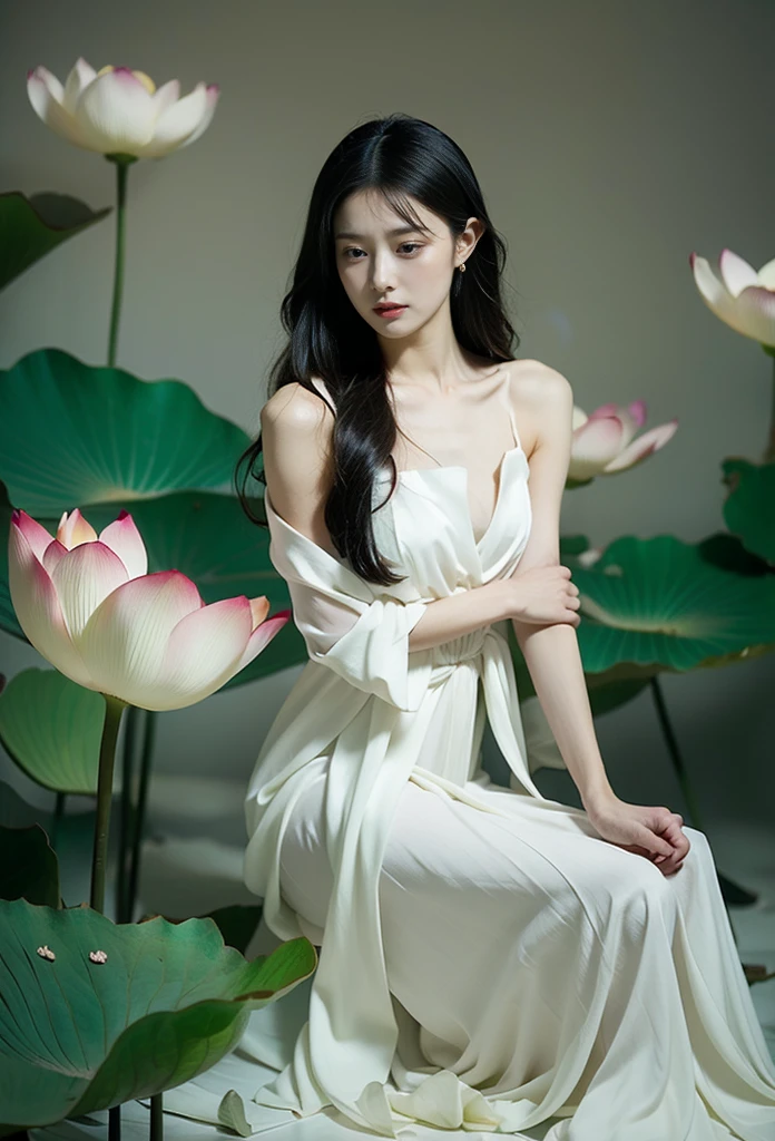 light pink and light white shades,Full body female love,  White background, natural lighting, Light Effect, minimalist, elegant, pure tenderness, Soft lighting, realistically. a woman is (clavicle, b shoulder,) placed in a (pray and stand) super giant lotus，The petals are big and long (The petals are very thin, Soft gauze, Full background of flowing petals, Floating petals, super flying petals, Mixed effect of smoke and petals), lotus dress,((view)).lotus_Yoko_Fairy