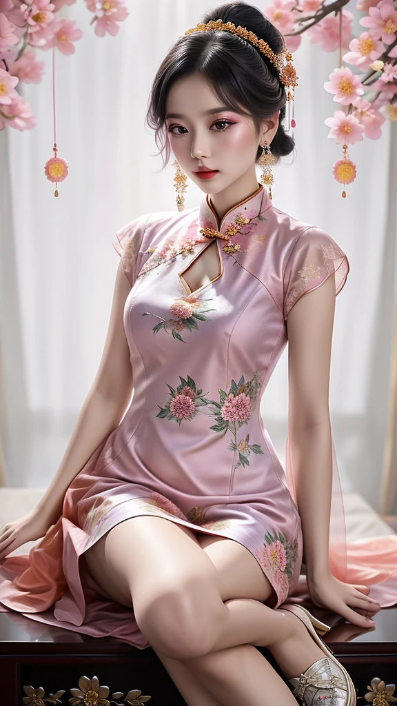 Modern Chinese cheongsam fashion design, A beautiful girl wearing a pastel lace gown, with a complete body (Pink, purple, blue, Light green, Peach brown), A combination of warm and cool colors, Create a colorful and extraordinary picture. Chinese cheongsam patterns include magpies, peanut, and pomegranate, There is a pattern, plaque, stripe, and dots. Embroidery adds beauty to cheongsam, The composition of Cantonese embroidery is complex but not confusing., Hunan embroidery takes Chinese landscape painting as its theme. Embroidering Flowers can produce fragrance, Birds can hear sounds, And the embroiderer can be lifelike, Precise and rigorous. Su embroidery is "flat, Light, , harmonious, Light滑的, beautiful, and dense", hand carved There is a pattern of dragons and phoenixes, As one wishes, Flowers, ETC. Cheongsam placket style is single, double, and diagonal, Pair it with some beautiful jewelry, earrings, necklace, shoe, and bags, highLighting individual charm and matching the overall shape,