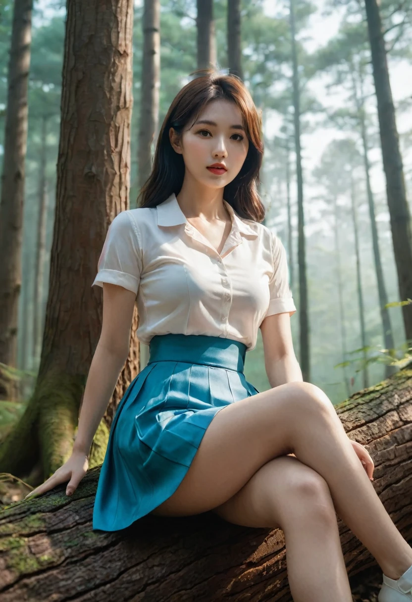 Arape woman sitting on a log in the forest,  Korean beauty,  Thighs and skirts, Different actions, 