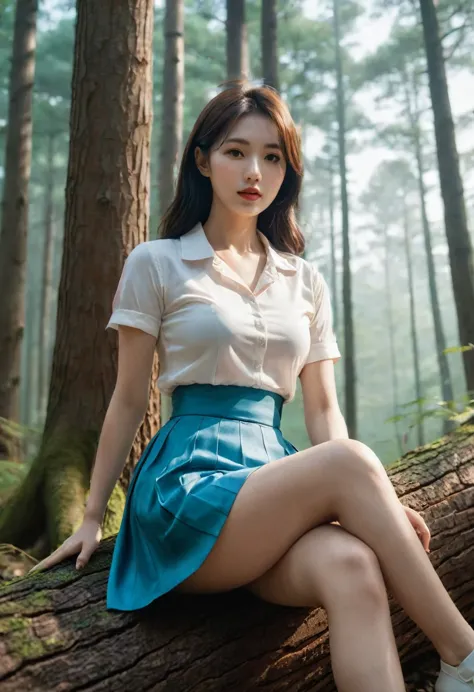 arape woman sitting on a log in the forest,  korean beauty,  thighs and skirts, different actions,